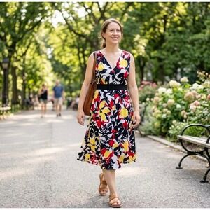 Madison Studio Bright Colorful Sleeveless V-Neck Front Back MIDI Dress Size 14‎